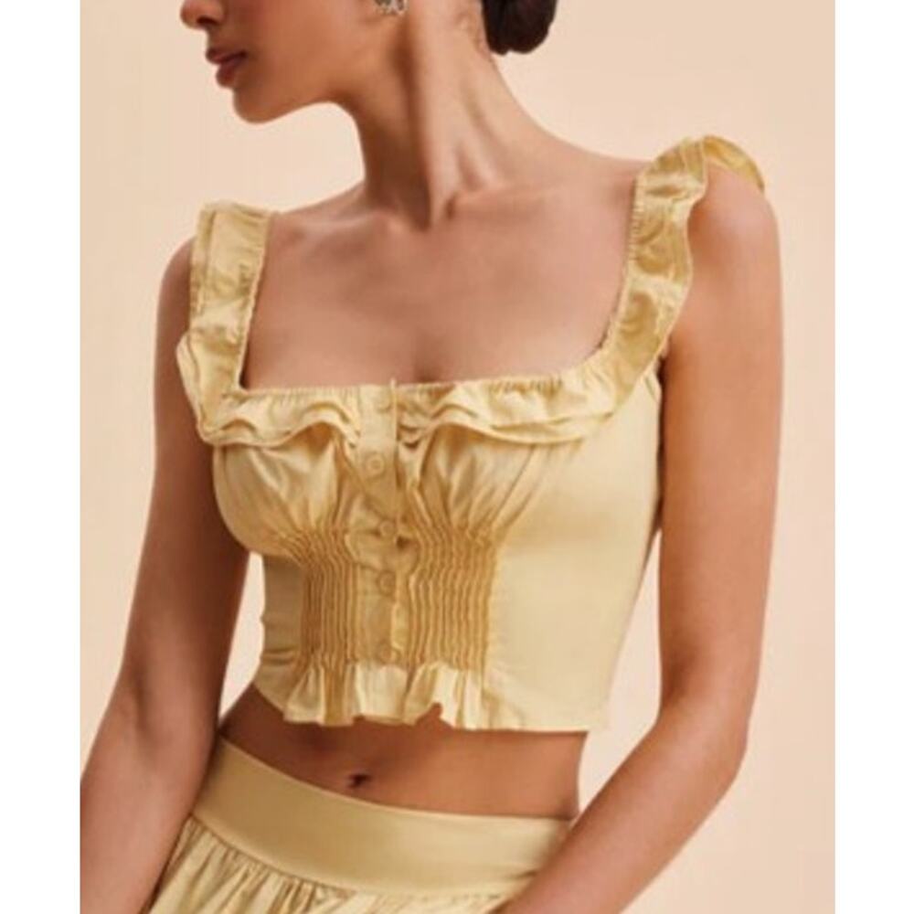 NWT Commense Ruffled Square Neck Crop Tank Small Butter Yellow Prairie Cottage
